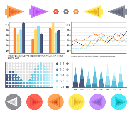 Flowcharts with visualized data and timelines vector. Schemes diagrams with pointers and lines, schemes charts presenting analyzed information resultsのイラスト素材