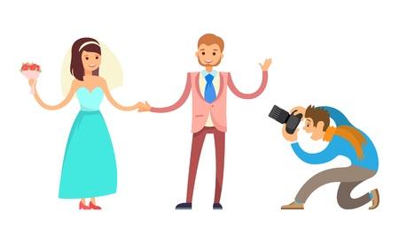 Photo session of engagement ceremony. Bride and groom and professional photographer vector isolated. Happy couple on wedding, wife with bouquet and groomのイラスト素材