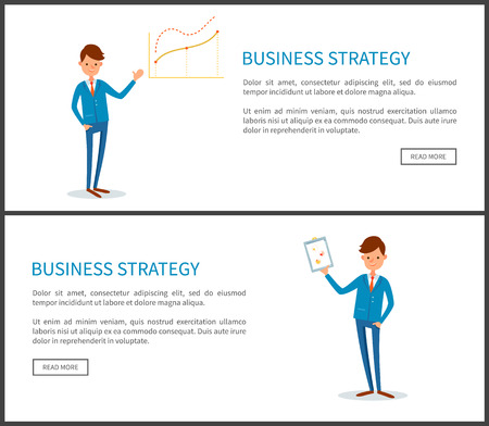 Business strategy presentation by businessman vector. Chief executive holding plan with charts and data on project. Analyst analyzing info on boardのイラスト素材
