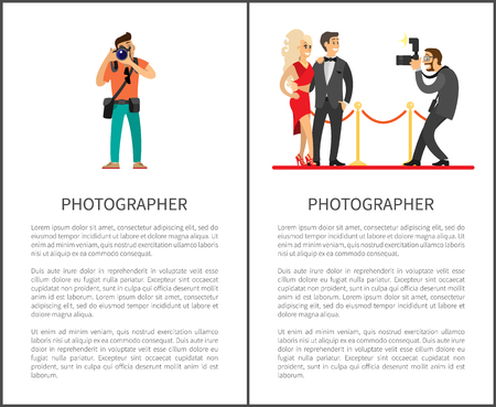 Paparazzi taking photo of celebrities couple on red carpet. Movie stars or singers and photographer with digital camera vector posters with text sampleのイラスト素材