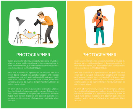 Photographer of still life and photojournalist online banners. Fruits near teapot under spotlight, man holding digital camera vector illustration.のイラスト素材