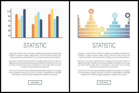 Statistics infocharts and infographics web pages set vector. Graphs with explanatory text sample, numeric data information on figures results schemesのイラスト素材