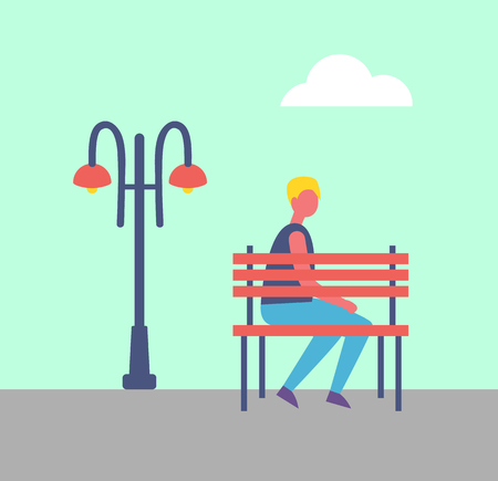 Boy sitting alone on bench in park near street lamp cartoon vector outdoors. Guy in casual clothes having rest on wooden bank, spending time on fresh airのイラスト素材