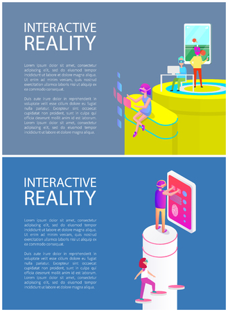 Interactive reality gadget set used by people. Male playing table tennis and wearing vr goggles. Man touching screen, woman walking up on steps vectorのイラスト素材