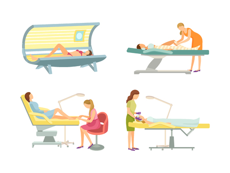 Spa salon epilation and tanning procedure isolated icons set vector. Sunroom and tan gaining, pedicuring painting toe of woman, cosmetician face careのイラスト素材