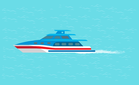 Coast guard transportation vehicle sailing in blue water vector illustration isolated. Guarding transport boat in deep ocean, rescue emergency sailboatのイラスト素材