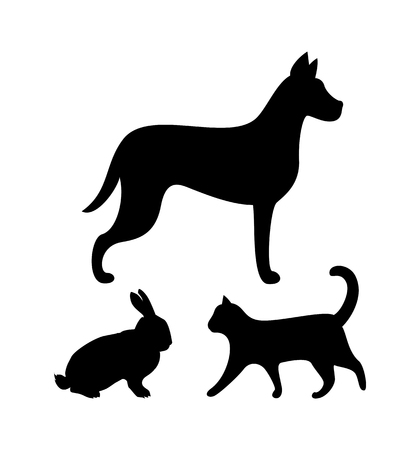Dog Puppy, Cat and Bunny Silhouettes Icons Setのイラスト素材