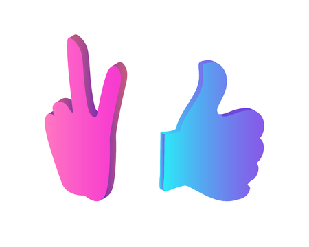 Thumb up and peace sign isolated icons set vector. Hand gestures used in social network chatting. Designed hands to express agreement and victoryのイラスト素材