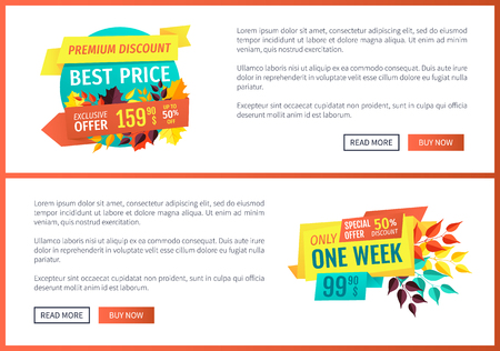 Premium discount best prices posters set. Autumnal special offer and sale. Promotion quality products natural goods big deal one week only vectorのイラスト素材