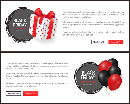 Sale on Black Friday, gift box, wrapped in dotted paper. Dark and red helium air balloon with 30 discount vector. Special offer up to 70 percent off labelsのイラスト素材