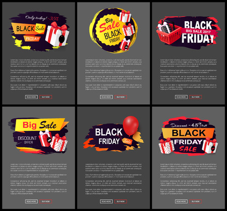 Black friday big sale, web pages with text set vector. Banners with prices and presents, sellout of shops, business promotion of stores goods offerのイラスト素材