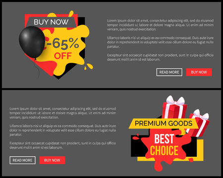 Buy now 65 percent discount, shop and store sale vector web site template. Landing page with text, inflatable balloon, commerce trading business promoのイラスト素材