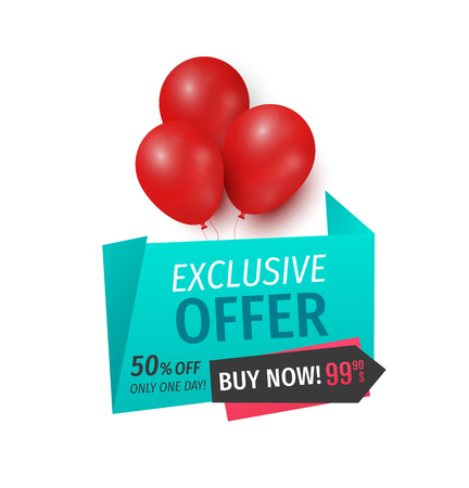 Exclusive offer 50 percents buy now, isolated banner vector. Balloons and ribbons with proposition of market, shop with reduced prices buy now itemsのイラスト素材