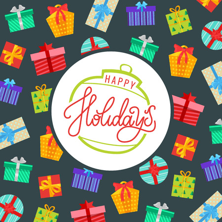 Happy holidays background, wrapped gift boxes in decorative paper. Lettering text, presents in square and round packages, Merry Christmas greeting cardのイラスト素材