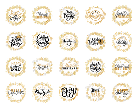 Best wishes, merry and bright, Christmas winter holidays text for greeting cards design in snowflakes wreathes, lettering font, stars and inscriptionsのイラスト素材
