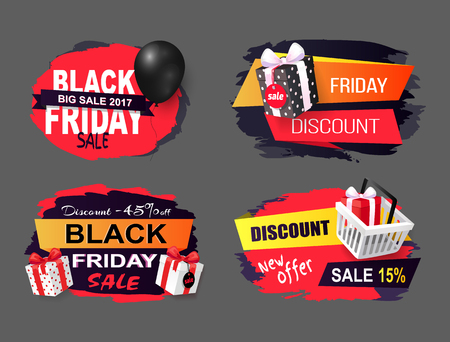 Black Friday offers and sales banners gifts set vector. Sellout of exclusive products with reduction of price, gifts and inflatable balloons clearanceのイラスト素材
