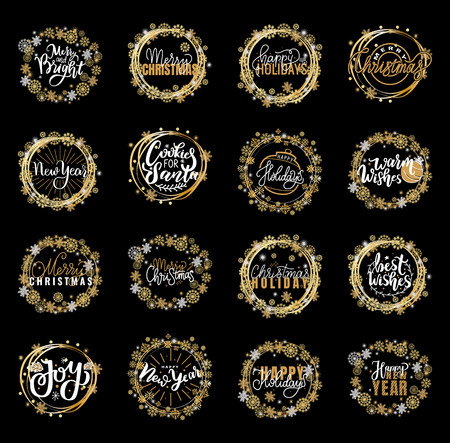 Christmas sale adverts, Xmas celebration, hot prices, Valentines day. Merry bright winter, holly jolly lettering text, greetings in wreath tag, snowflakesのイラスト素材