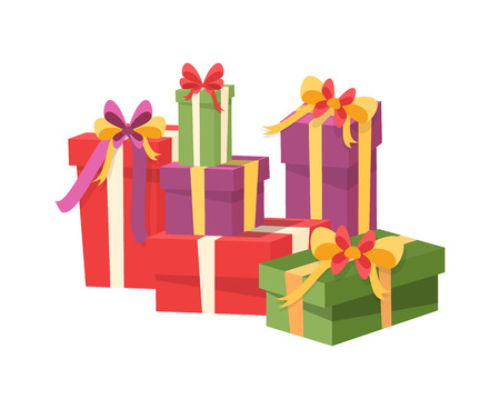 Pile of gift box icons isolated on white. Packed presents, surprise on New Year, birthday or anniversary, vector signs. Containers with surprisesのイラスト素材