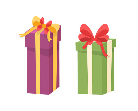 Christmas presents wrapped in gift boxes. Vector packages in decorative paper, shopping packs with surprise inside, purple and green containers with bowのイラスト素材