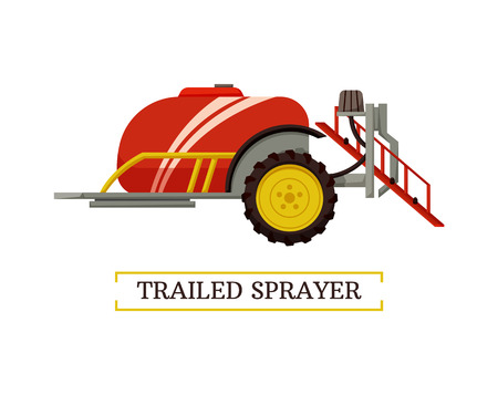 Trailed sprayer agricultural rural machinery for crops. Application of fertilizers and pesticides from container. Mechanism used in farming vectorのイラスト素材