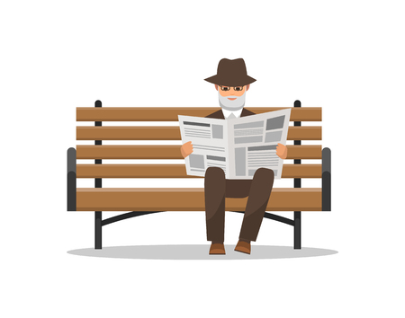 Old man reading newspaper on bench isolated elderly male relaxing alone vector. Reader wearing fashionable hat, Retired person with publication pressのイラスト素材