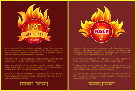Mega sale burning labels with info about discounts, lansing pages set. Blazed signs with flame, informative web online banners with promo offers vectorのイラスト素材