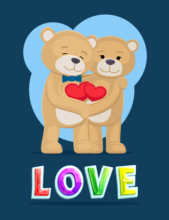 Love bears hugging heart poster with colorful fonts. Male with bow and female with deep feeling toward each other. Couple embracing happily vectorのイラスト素材