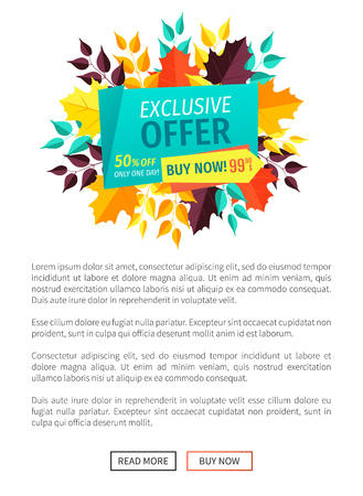 Exclusive offer buy now poster only one day. Merchandise of shop with special reduction autumnal promotion quality products and autumn leaves vectorのイラスト素材
