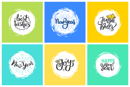 Merry Christmas, Holly Jolly quote, happy holidays and New Year, joy greeting cards design, lettering font, stars and snowflakes. Inscriptions in color frames backgroundsのイラスト素材