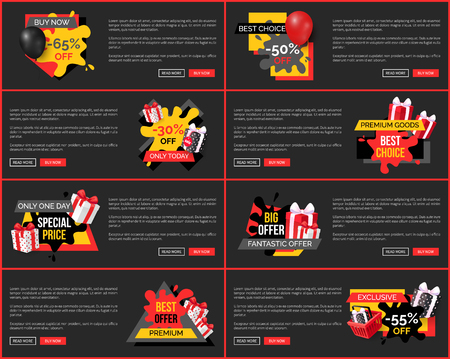 Discount, holiday prices on web pages with text, best sale vector. Presents and gifts, boxes decorated with wrapping paper and bows. Weekend offerのイラスト素材