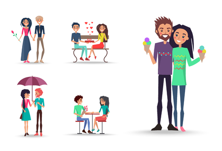 Beloved men and girls with ice cream, red rose, bouquet of pink tulips, gift decorated ribbon with bow and many little hearts vector illustration.のイラスト素材