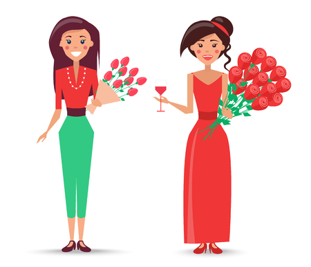 Female character with pink roses in craft paper and woman in dress with glass of wine and bunch of red roses vector illustrations.のイラスト素材