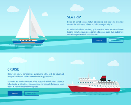 Sea trip on sailboat and luxurious cruise on spacious liner around ocean promotional internet page with information vector illustration.のイラスト素材