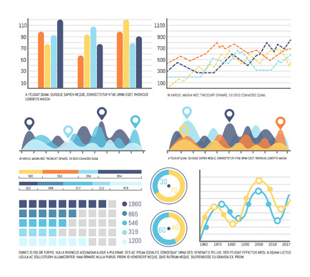 Infographic schemes and pie diagrams with numbers vector. Numeral information on visual layouts, statistics and data in flowcharts and growing chartsのイラスト素材