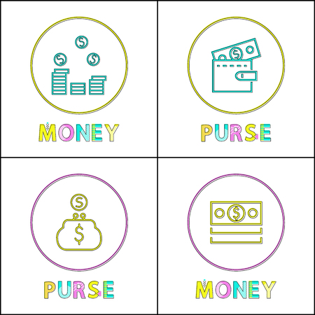 Money and purse icons set with circle shaped frames. Wallet with coins and banknote, dollar sign. Storage for wealth isolated on vector illustrationのイラスト素材