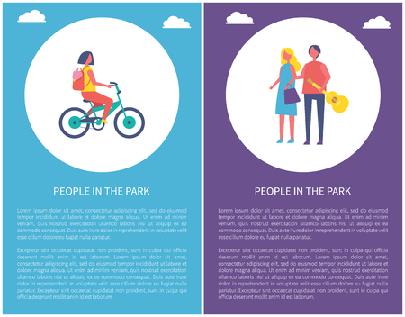 People in park posters, girl riding on bike, young couple walking together vector text and circle. Man with guitar in arm and woman holding handsのイラスト素材