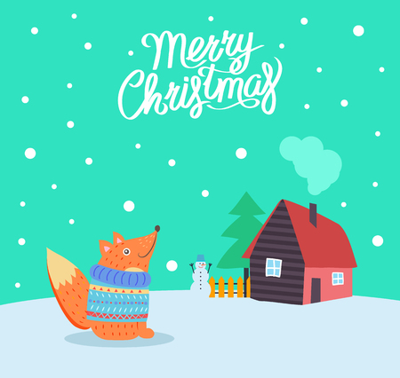 Merry Christmas fox wearing knitted sweater poster with greeting vector. Winter holiday, house and snowman, trees pine and wooden fence by buildingのイラスト素材