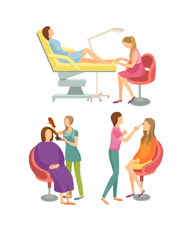 Spa salon pedicure and hair styling process making visage makeup. Isolated icons set vector of clients and specialists. Pedicurist and stylist workingのイラスト素材