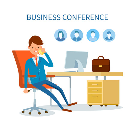 Business conference man talking on phone icons vector. Profiles of clients, customers base of boss. Employer businessman discussing issues on cellのイラスト素材