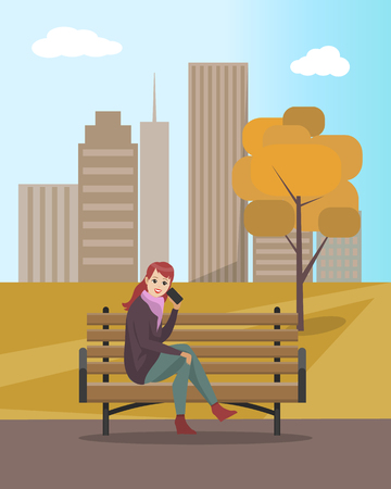 Woman lady talking on mobile cell phone sitting on wooden bench vector. Tree with dry leaves and foliage. Female communicating, skyscrapers and skyのイラスト素材