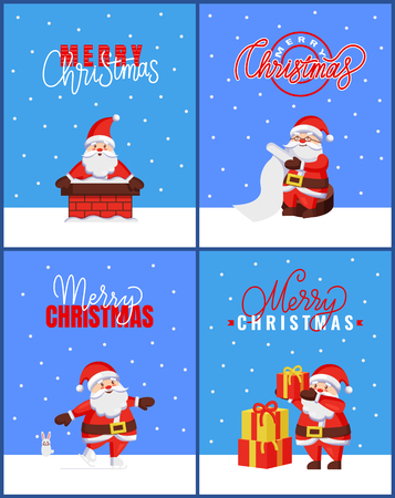 Merry Christmas set of cards, Santa holds wishlist. Vector cartoon character Jack Frost sitting on snow, going into chimney, put presents on pileのイラスト素材