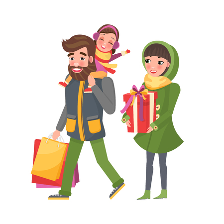 Christmas holiday preparation shopping process vector. Family mother holding present in box, father with daughter carrying paper packages with giftsのイラスト素材