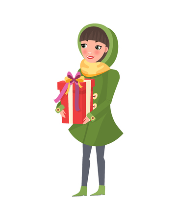 Woman in Green Winter Coat with Big Present Giftのイラスト素材