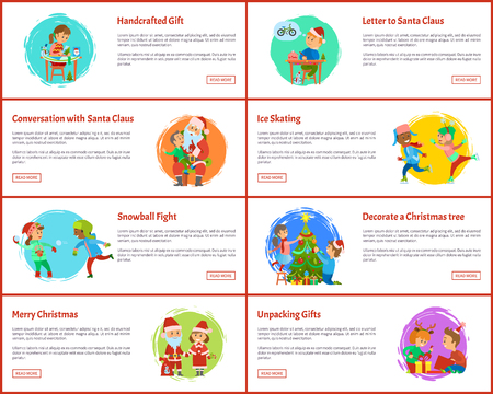 Handcrafted gifts of girl, tree decoration web vector. Boy making wish writing letter to Santa Claus, snowball fights of children on winter vacationsのイラスト素材