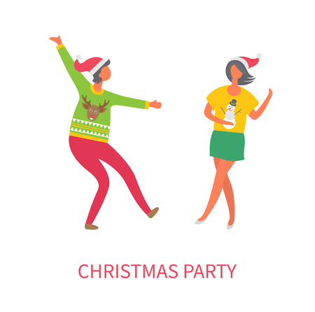 Christmas party of woman friends dancing together vector. Male wearing Santa Claus hat and sweater with reindeer print. Happy people partying discoのイラスト素材