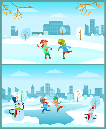 Children on Christmas winter vacations snowy city vector. Frost on lake, frozen water skating rink for boy and girl. Snowman characters placed on snowのイラスト素材
