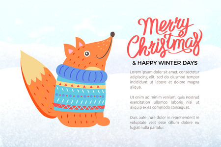 Merry Christmas banner with fox in knitted sweater with ornament. Forest animal in clothes, winter holiday celebration, knitwear vector illustrationのイラスト素材