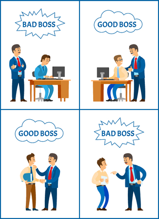 Good and bad boss, director with office workers set vector. Chief executive giving reprimand to novice, leader praising programmer man by computerのイラスト素材