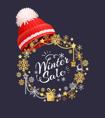 Super sale lettering label with knitted red hat with pom-pom vector. Warm headwear item, winter cloth thick woolen chunky yarn, hand knitting headdressのイラスト素材