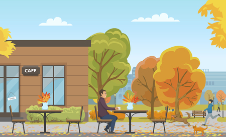Man drinking tea from cup in empty cafe, autumn season vector. Person walking dog, cat approaching to customer. Building and trees with foliage leavesのイラスト素材